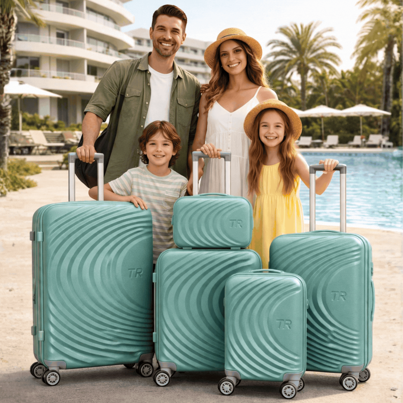 Висок клас авио спинъри ТR TURQOISE ABS- 5 броя, разширяващи се,  четири въртящи колелца,заключване с цифров шифър, всички екстри, куфари